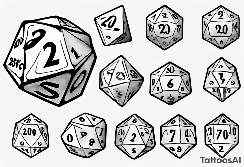 A large singular 20-sided dice with a 20 on top and numbers in the dice tattoo idea