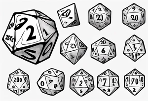 A large singular 20-sided dice with a 20 on top and numbers in the dice tattoo idea