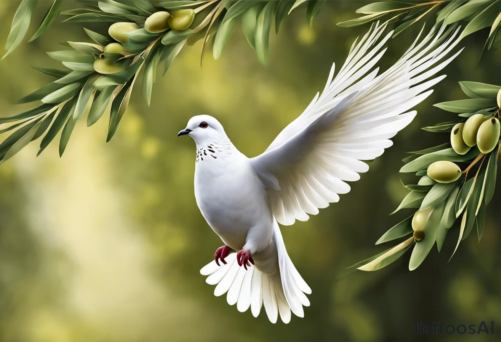 Dove soring through the air clasping an olive branch in its talons. The olive branch is fluttering in the wind with leaves from the branch floating behind the dove. The leaves transform into spear heads the further away from the dove they get. The words 'Si vis Pacem, para bellum' is boldly transcribed underneath the scene tattoo idea