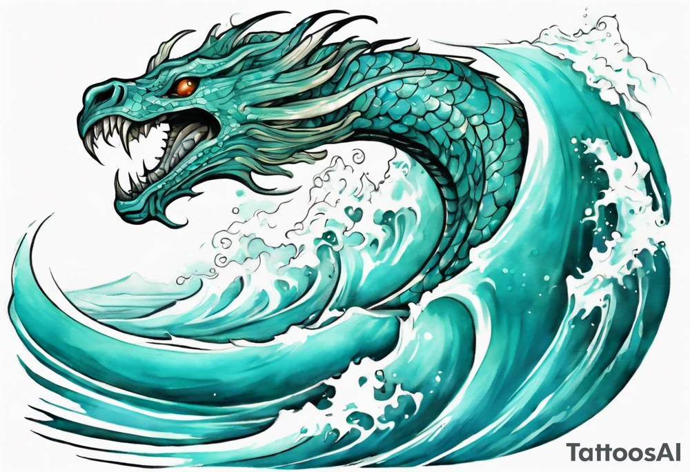 a beautiful turquoise sea serpent emerging from an ocean wave, crashing onto the shore tattoo idea