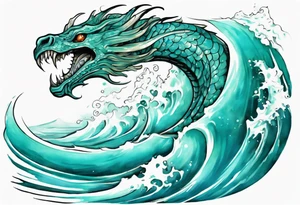 a beautiful turquoise sea serpent emerging from an ocean wave, crashing onto the shore tattoo idea