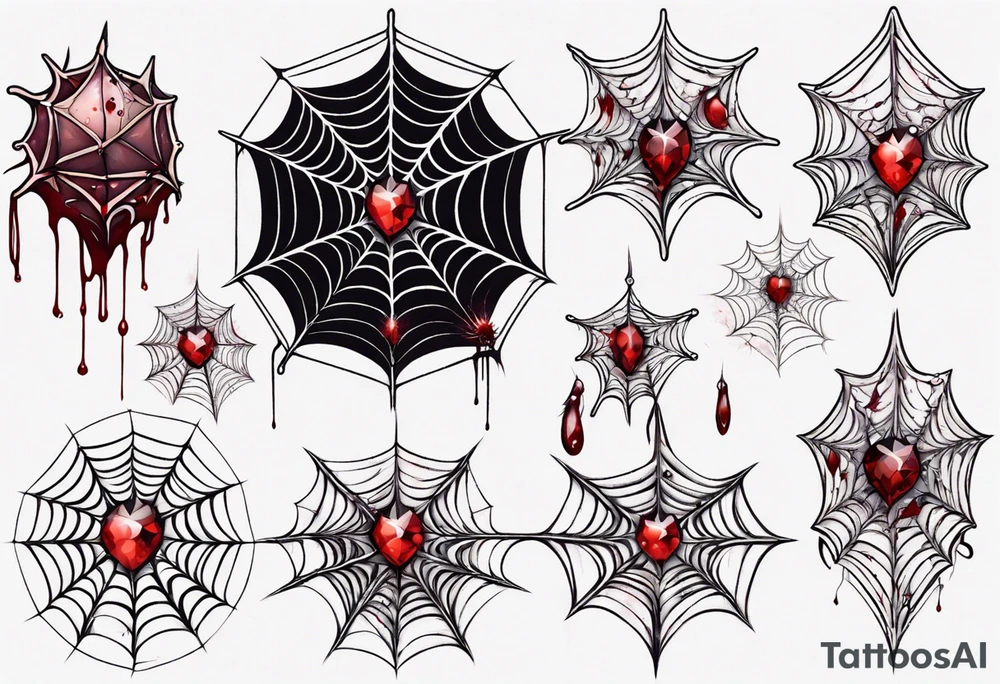 Tangled spiderweb in the shape of a jewel with blood drops and dragon spikes tattoo idea