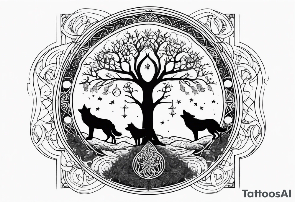 tree of life with wolves and the moon tattoo idea