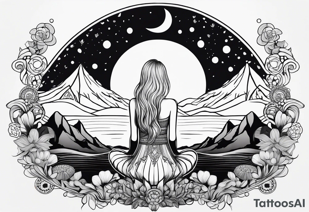 Straight blonde hair girl meditating facing away toward mountains surrounded by mushrooms crescent moon mandala circular design black and white striped dress tattoo idea
