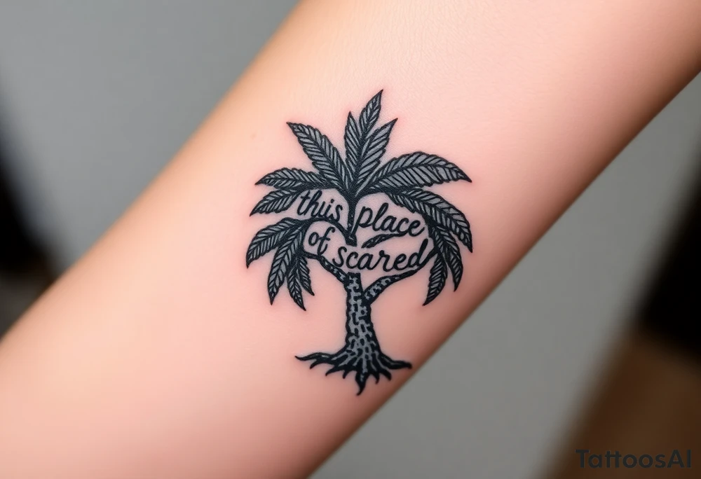 Hand written writing that says this place is sacred on the trunk of a small breadfruit tree tattoo idea