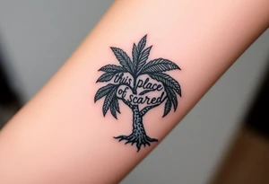 Hand written writing that says this place is sacred on the trunk of a small breadfruit tree tattoo idea