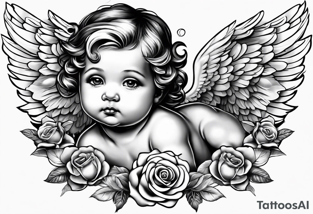 baby angel with a rose tattoo idea