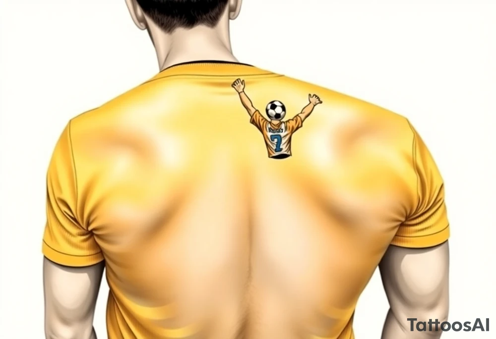 4 soccer fans from their backs, wearing yellow blue shirts. the second one from left having a kid on his shoulders, and he's rising a scarf tattoo idea