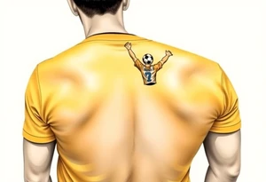 4 soccer fans from their backs, wearing yellow blue shirts. the second one from left having a kid on his shoulders, and he's rising a scarf tattoo idea