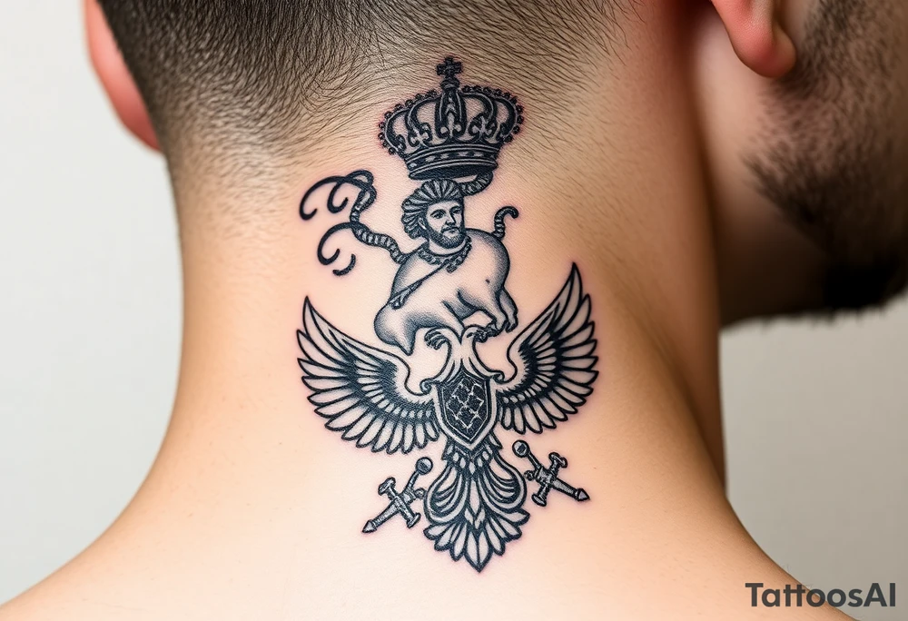 St. George slaying the dragon (hugely common in Russian Orthodox art)
Russian imperial crown above the eagle
Crossed swords or a Russian sabre
The Kremlin or St. Basil's Cathedral scene tattoo idea