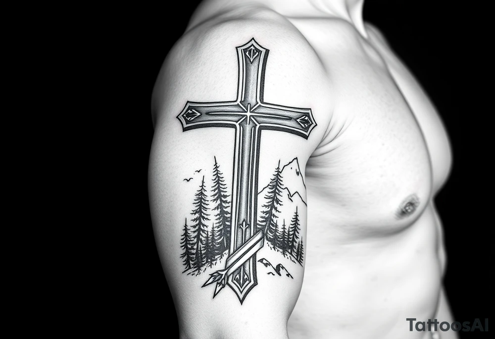 russian orthodox cross with the diagonal line at the bottom with a light forrest with a light mountainous setting tattoo idea