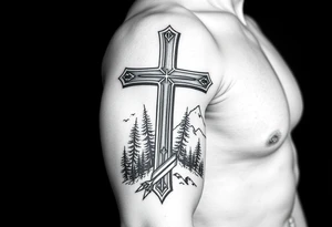 russian orthodox cross with the diagonal line at the bottom with a light forrest with a light mountainous setting tattoo idea