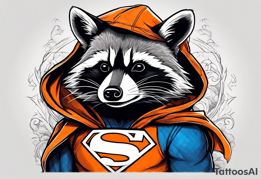 Raccoon wearing an orange Superman hoodie tattoo idea