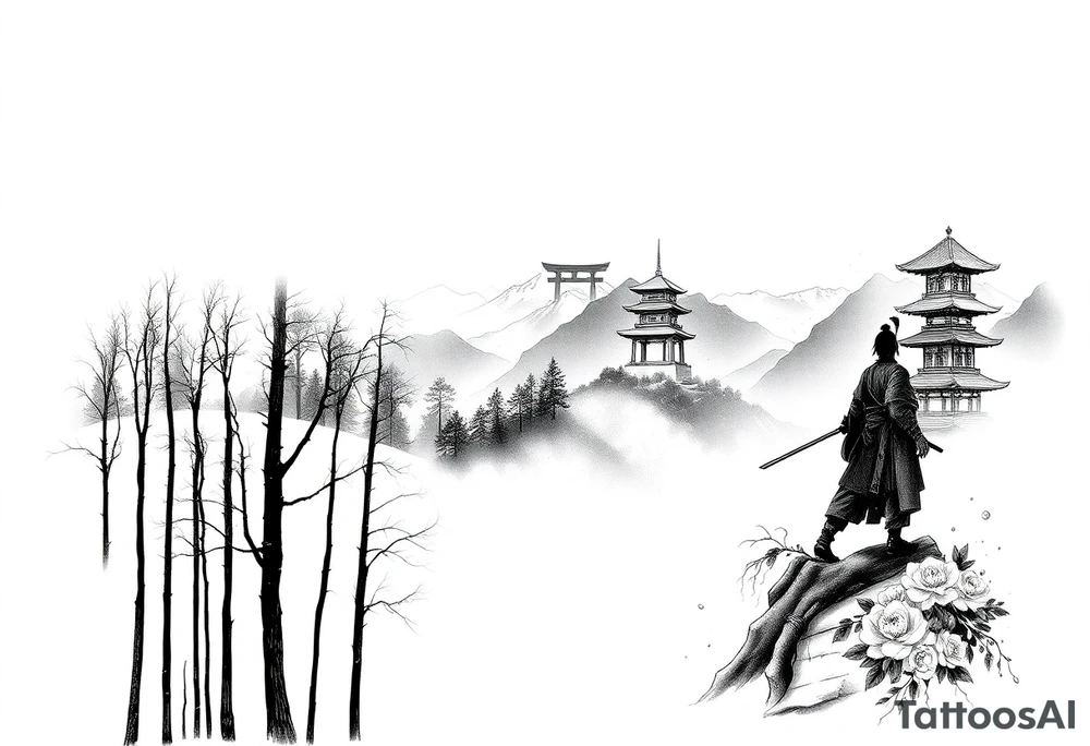 A full-sleeve black-ink composition that begins at the wrist with a dense, atmospheric forest of tall, slender trees rendered in fine linework. The bare branches reach upward, fading into the mist as the forest wraps around the forearm, with layered silhouettes creating depth and a stark, winter-like tone. From the uneven treetop line at the elbow, the design transitions seamlessly into a mist-shrouded mountainous scene on the upper arm. A lone samurai in traditional armor stands with a drawn katana, partially obscured by fog, his silhouette echoing the trees below. In the background, minimalist outlines of Japanese structures like a torii gate and tiered pagoda emerge faintly through the haze. Soft cherry blossoms and peonies drift subtly across the sleeve, tying the entire piece together with gentle motion and contrast, while preserving the moody grayscale aesthetic throughout tattoo idea