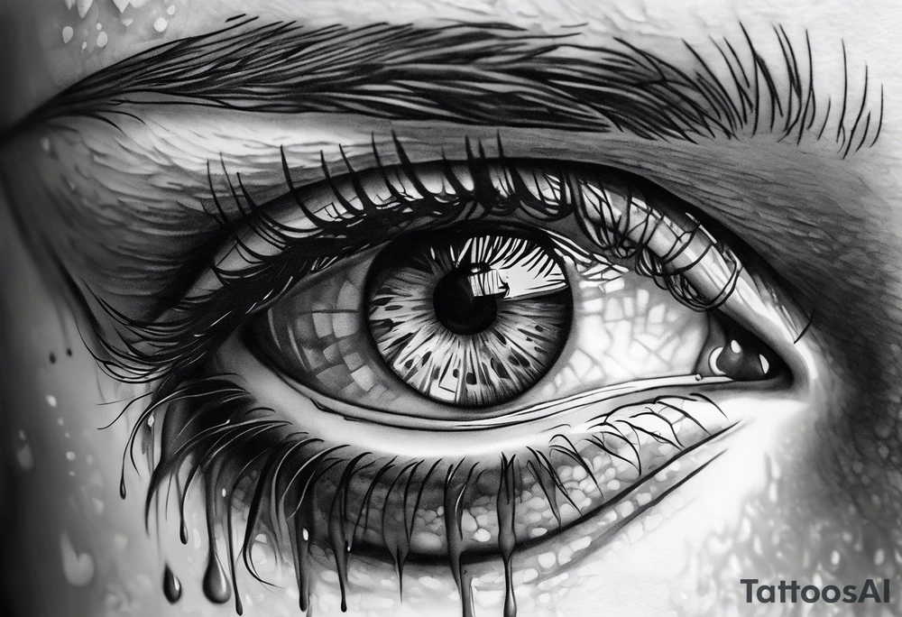 Realistic eye crying tears of tragedy death and betrayal tattoo idea
