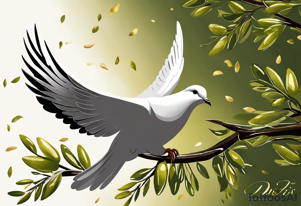 Dove soring through the air clasping an olive branch in its talons. The olive branch is fluttering in the wind with leaves from the branch floating behind the dove. The leaves transform into spear heads the further away from the dove they get. The words 'Si vis Pacem, para bellum' is boldly transcribed underneath the scene tattoo idea