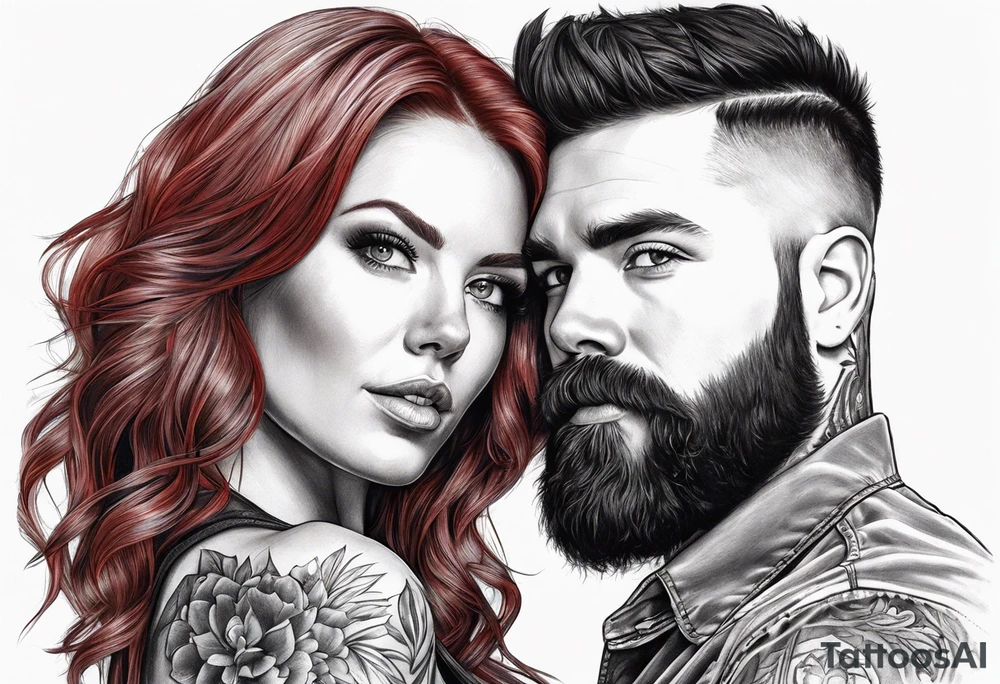 Busty red haired woman with a bearded man who has black hair tattoo idea