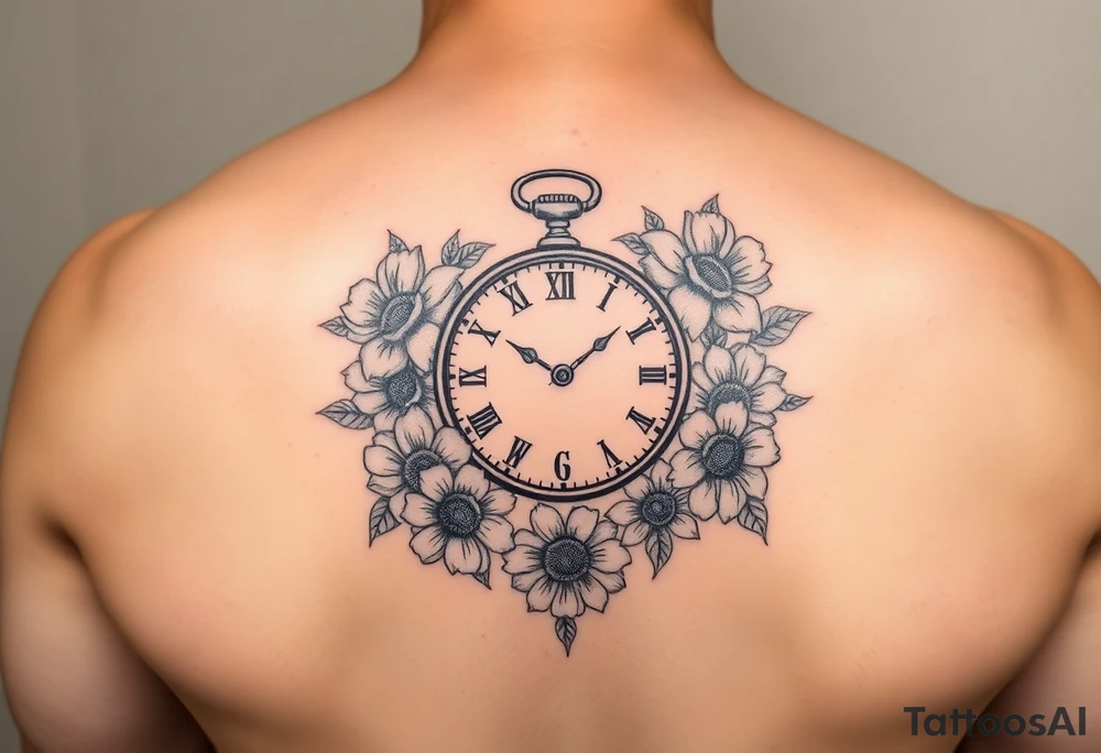 Clock set at 5:46 surrounded by flowers tattoo idea