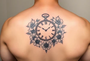 Clock set at 5:46 surrounded by flowers tattoo idea