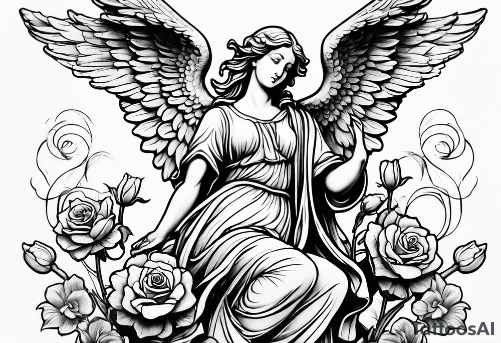 Simple Angel statue stood on a rock with daffodils and roses wrapped around its legs tattoo idea