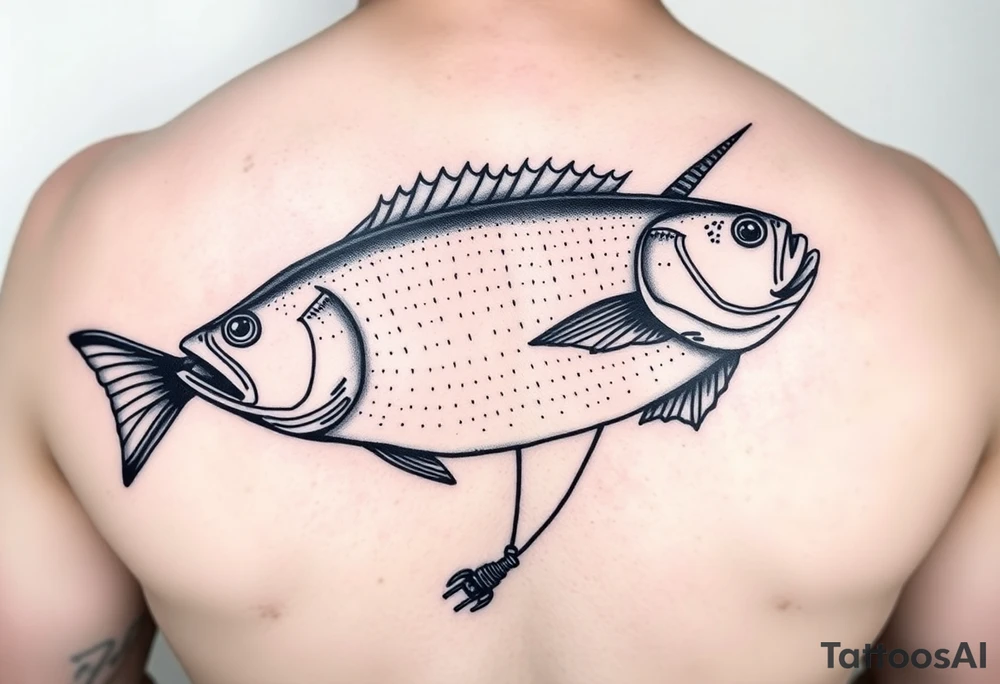 A halibut on a flishing line with a down rigger out kn the ocean tattoo idea