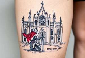 A knight kneeling before a grand Gothic cathedral, his sword planted into the ground, his white and red surcoat flowing in the wind tattoo idea