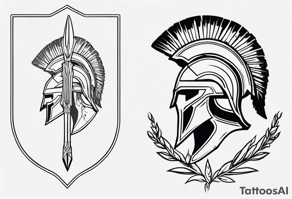 rectangular landscape format ultra-fine line linework vector of a spartan from the side, spartan spear, spartan shield, laurel wreath tattoo idea