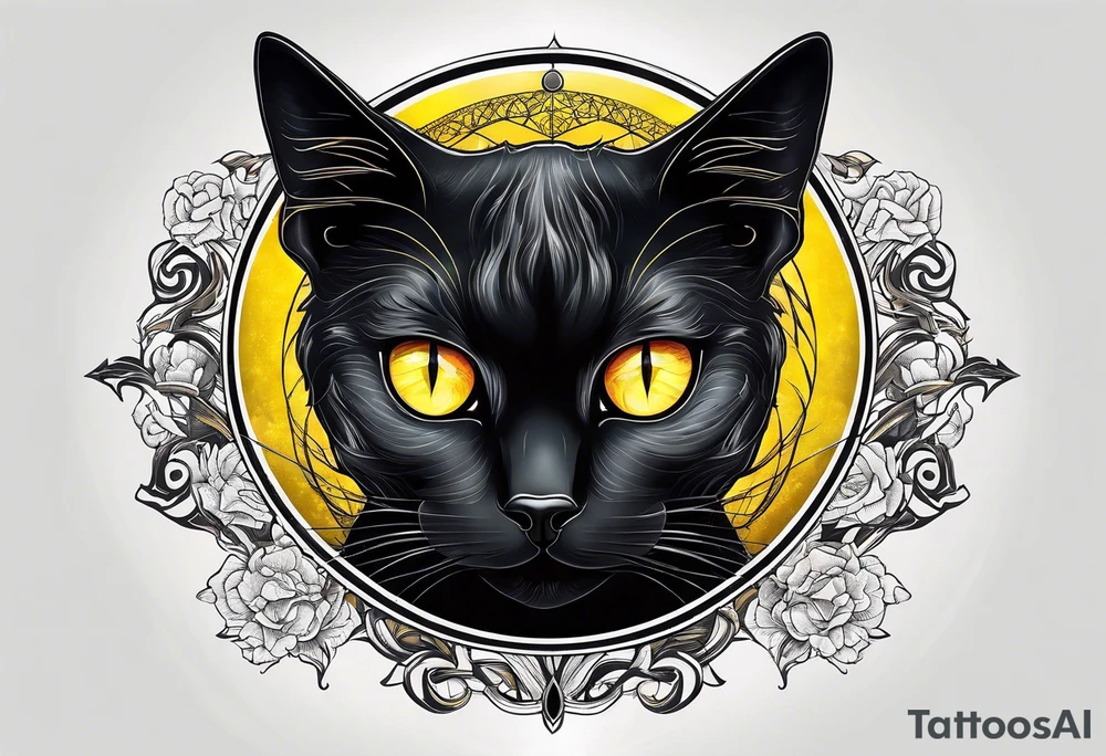 Black Cat with yellow eyes, cat's eye nebula in background tattoo idea