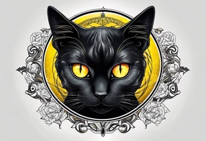 Black Cat with yellow eyes, cat's eye nebula in background tattoo idea