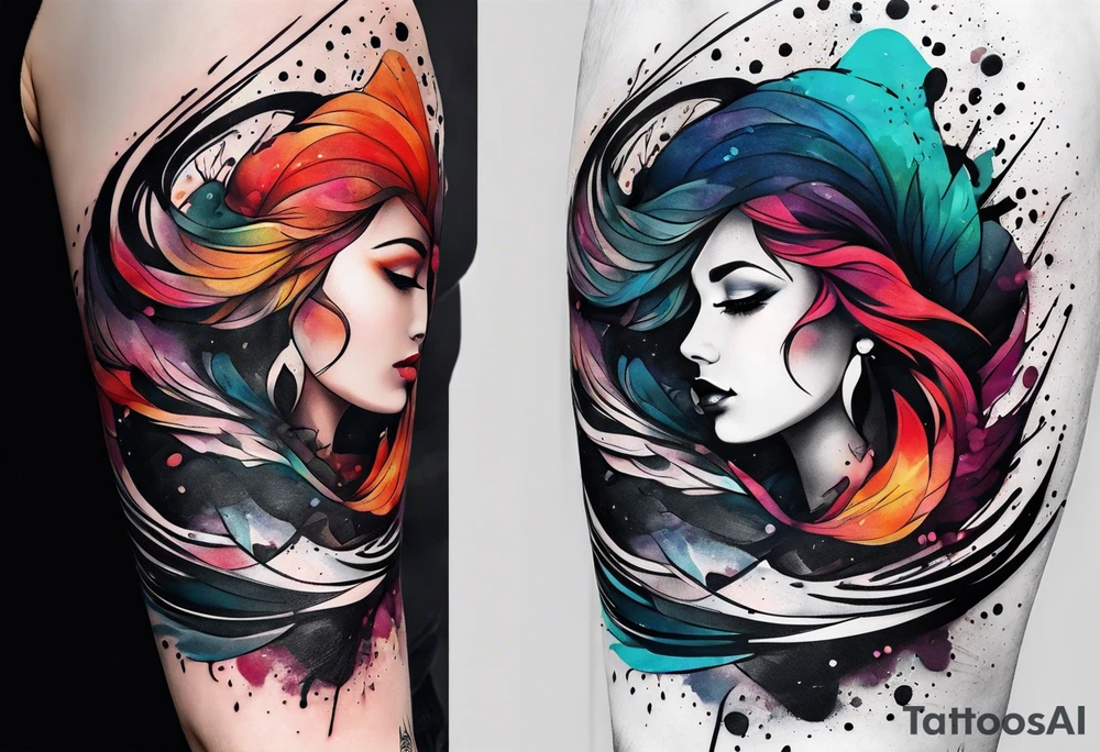 flowing abstract large forearm tattoo with lines, splatters, circles tattoo idea