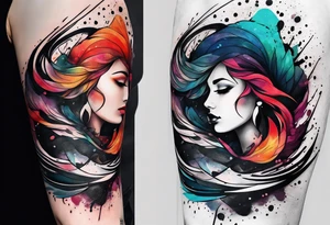flowing abstract large forearm tattoo with lines, splatters, circles tattoo idea