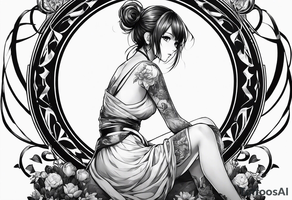 an anime girl sitting on a small sphere, staring front tattoo idea