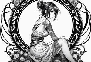 an anime girl sitting on a small sphere, staring front tattoo idea