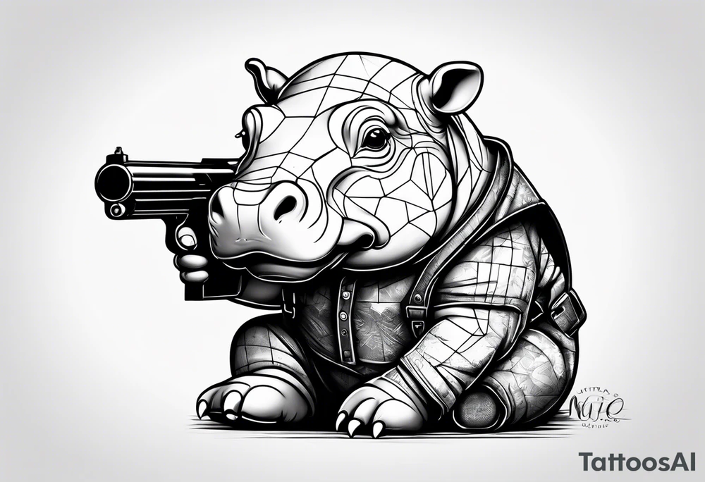 Baby hippo wearing overalls and holding a gun tattoo idea