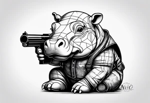 Baby hippo wearing overalls and holding a gun tattoo idea