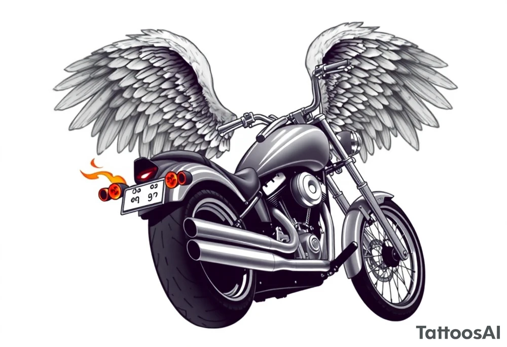 Low rider grey motorcycle, big muffler pipes with flames, angel wings, driving away, no person tattoo idea
