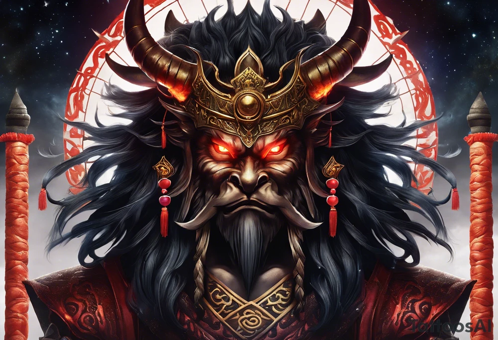 A majestic demon king face with devilish features placed above torii gate is depicted in this realism image. The king's deep-set glowing galaxy-styled large eyes give off an aura of power and mystery. The king's head is acting as dreamcatcher and has braids styled like predator, with 2-3 ending with flame-styled feathers. The king's face is intricately dotted in narsimha/ rudra symbols. The head has a crown shaped blue and orangish flames with intricate and prominent koru maori symbols in the shape of trishul/ trident. The image is filled with vibrant colors, with lot of deep blue, deep purple, and violet, with streaks of bright orange and yellow. This face bust (only face) is atop of a torii gate which is in a brush stroke style, somewhat visible. The king looks regal and powerful. tattoo idea