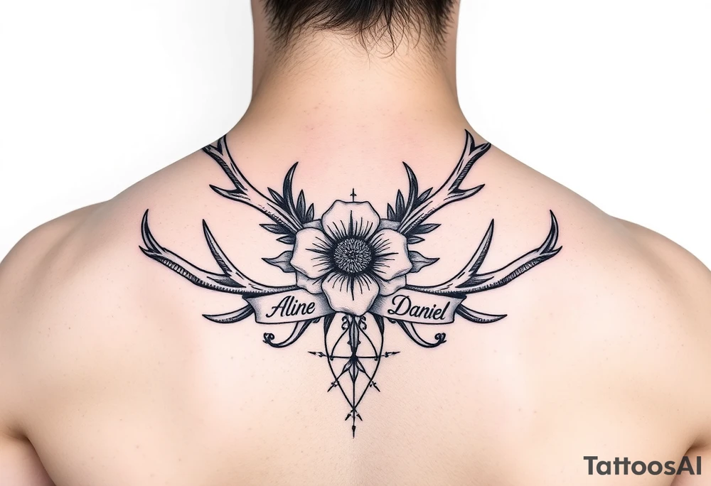 Deer antlers with flower and name Aline ,Samuel,Daniel tattoo idea