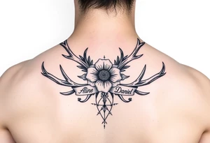 Deer antlers with flower and name Aline ,Samuel,Daniel tattoo idea