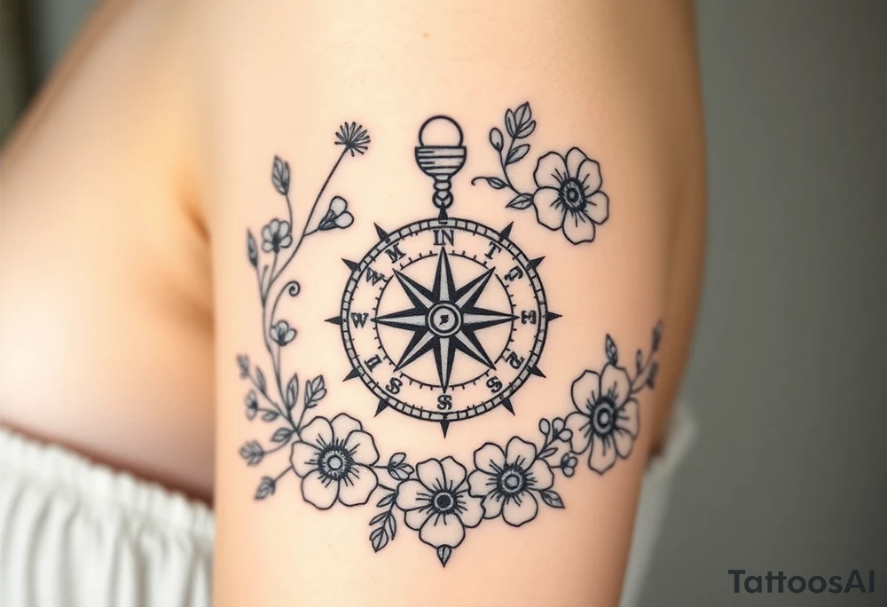 Compass surrounded with wild flowers tattoo idea