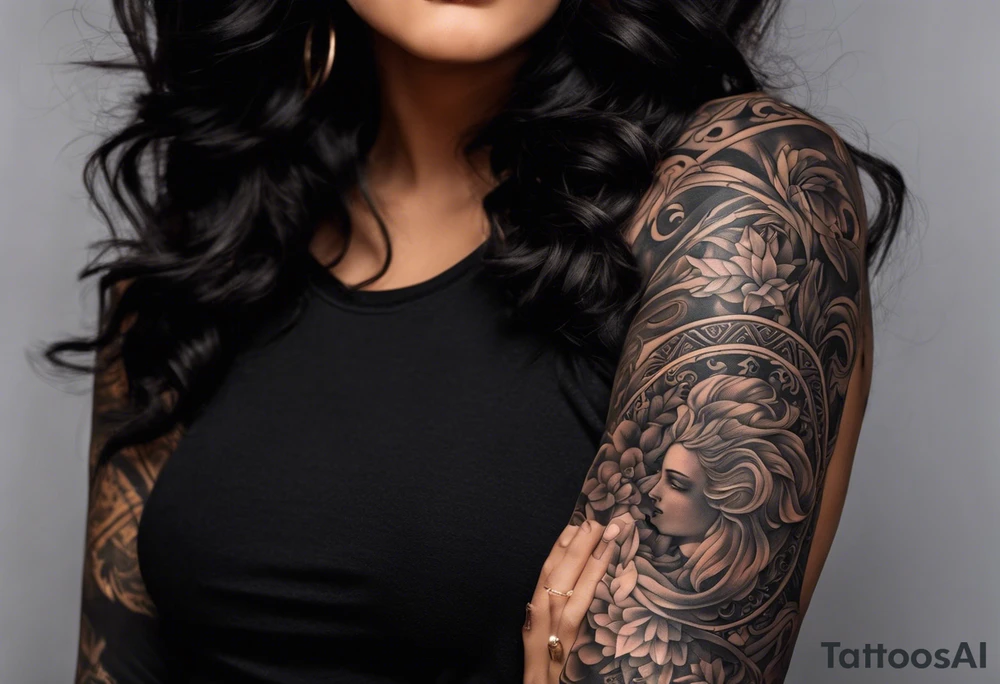 A full tattoo sleeve inspired by Greek mythology, featuring a dark and moody aesthetic with extensive shading. The centerpiece of the sleeve is the Greek goddess Aphrodite, depicted with classical beauty and grace, surrounded by intricate details that emphasize her divine nature. Her flowing hair and robes blend seamlessly into the surrounding elements. Incorporate a mandala effect around Aphrodite, with the mandala patterns subtly woven into the design, adding layers of complexity and depth. The overall theme should be dark, with heavy shading to create a dramatic contrast, evoking a sense of ancient mystery and reverence. The sleeve should also include other mythological elements such as laurel wreaths, classical columns, or ocean waves, to complement Aphrodite’s story and enrich the overall design. tattoo idea