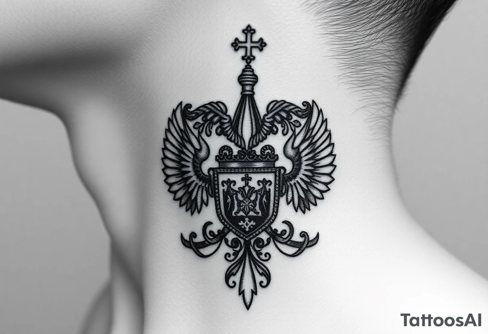 russian coat arms in a russian christian orthodox style virgin mary & orthodox dome church on the side of the neck tattoo idea