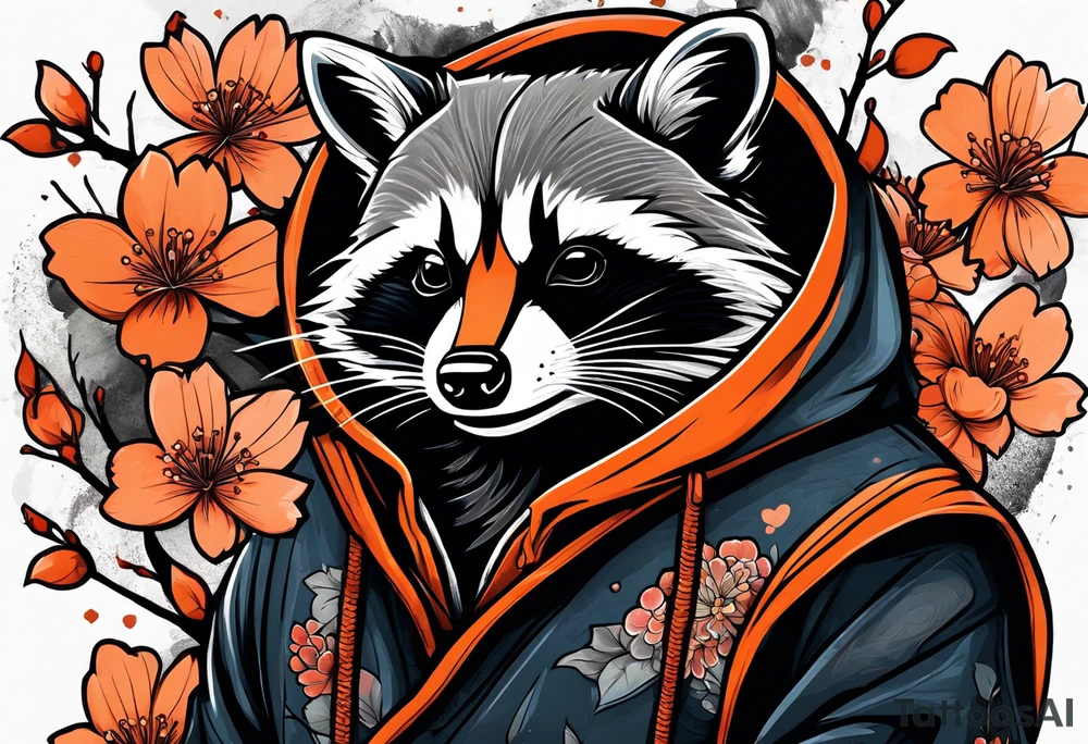 Raccoon wearing a white Superman logo on a black hoodie and orange Japanese cherry blossoms tattoo idea