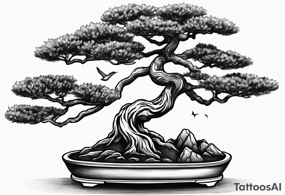 Sunset and little down bonsai trees tattoo idea