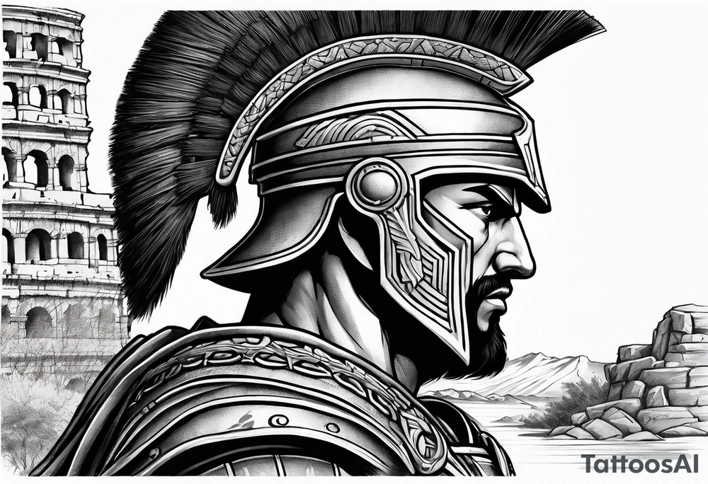 Side profile of spartan soilder with ancient ruins in background tattoo idea