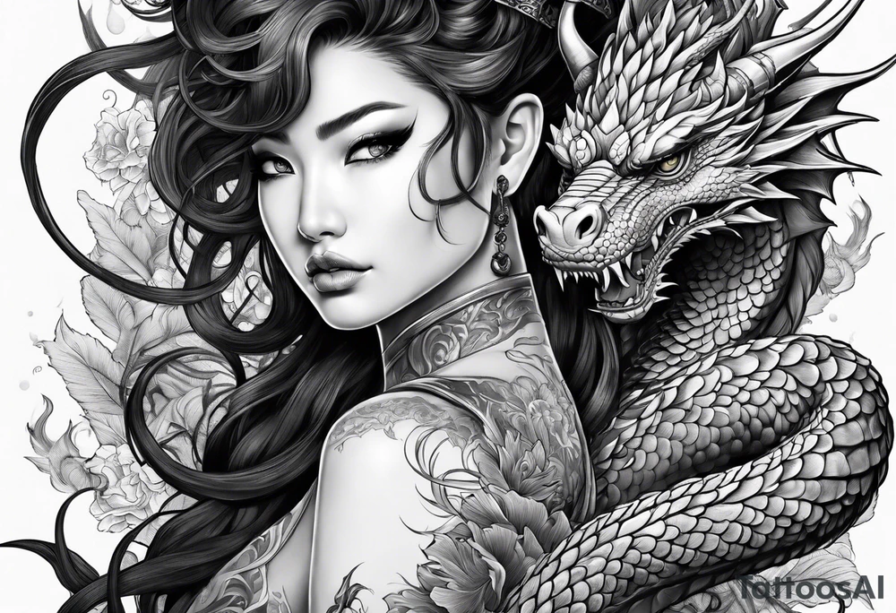 large warrior nymph with dragon tattoo idea
