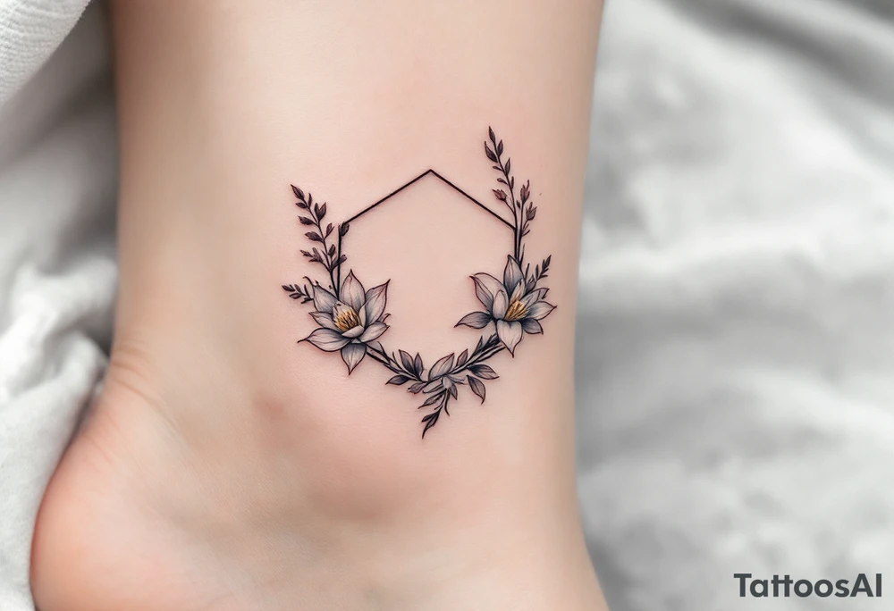 Faint Hexagon with Leo, larkspur and water lilies in the center tattoo idea