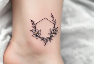 Faint Hexagon with Leo, larkspur and water lilies in the center tattoo idea