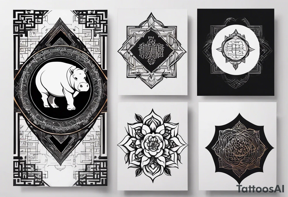 Very asymmetrical, +geometric pattern, with realistic full moon, with serious looking hippo, +zen feel, + Buddhism touch, +tribal, +geometric, +chinese inkart 
with wintersweet flower bud, +portrait orientation, +inkart touch, tattoo idea