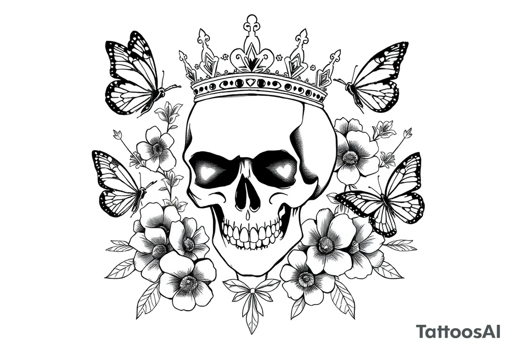 ornate skull adorned with gothic crown surrounded by boho flowers and butterflies tattoo idea
